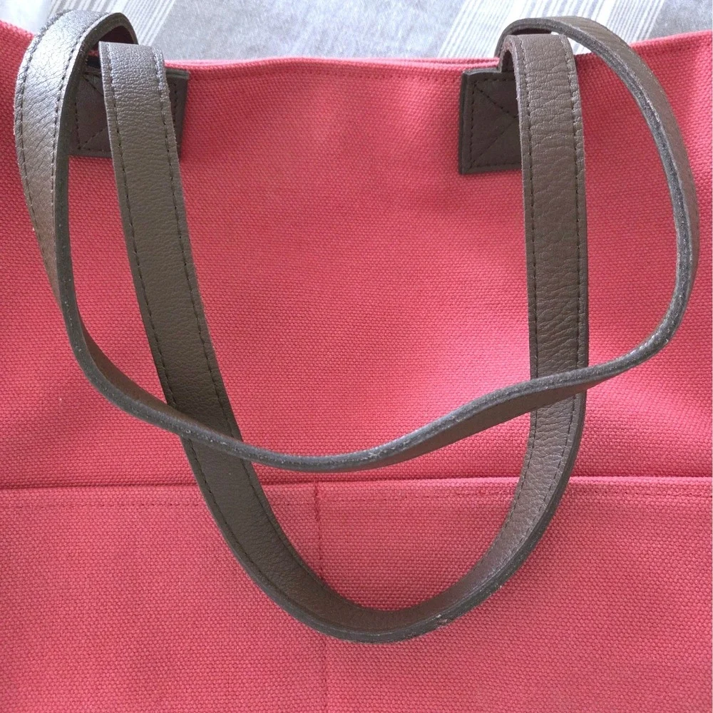 Restoration Hardware Red Canvas Tote Bag Brown Straps Pockets Metal Feet